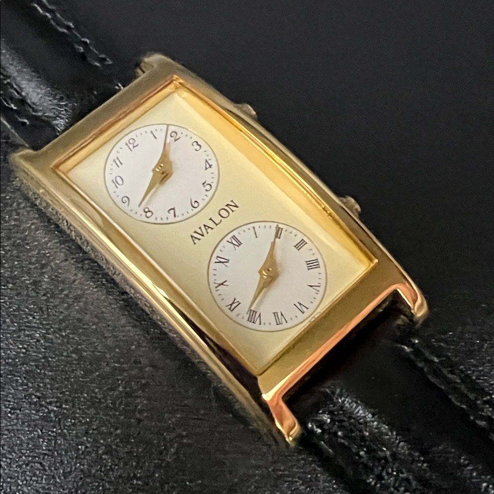 Vintage Avalon Gold-Tone Dual Time Tank Watch with Black Leather Strap